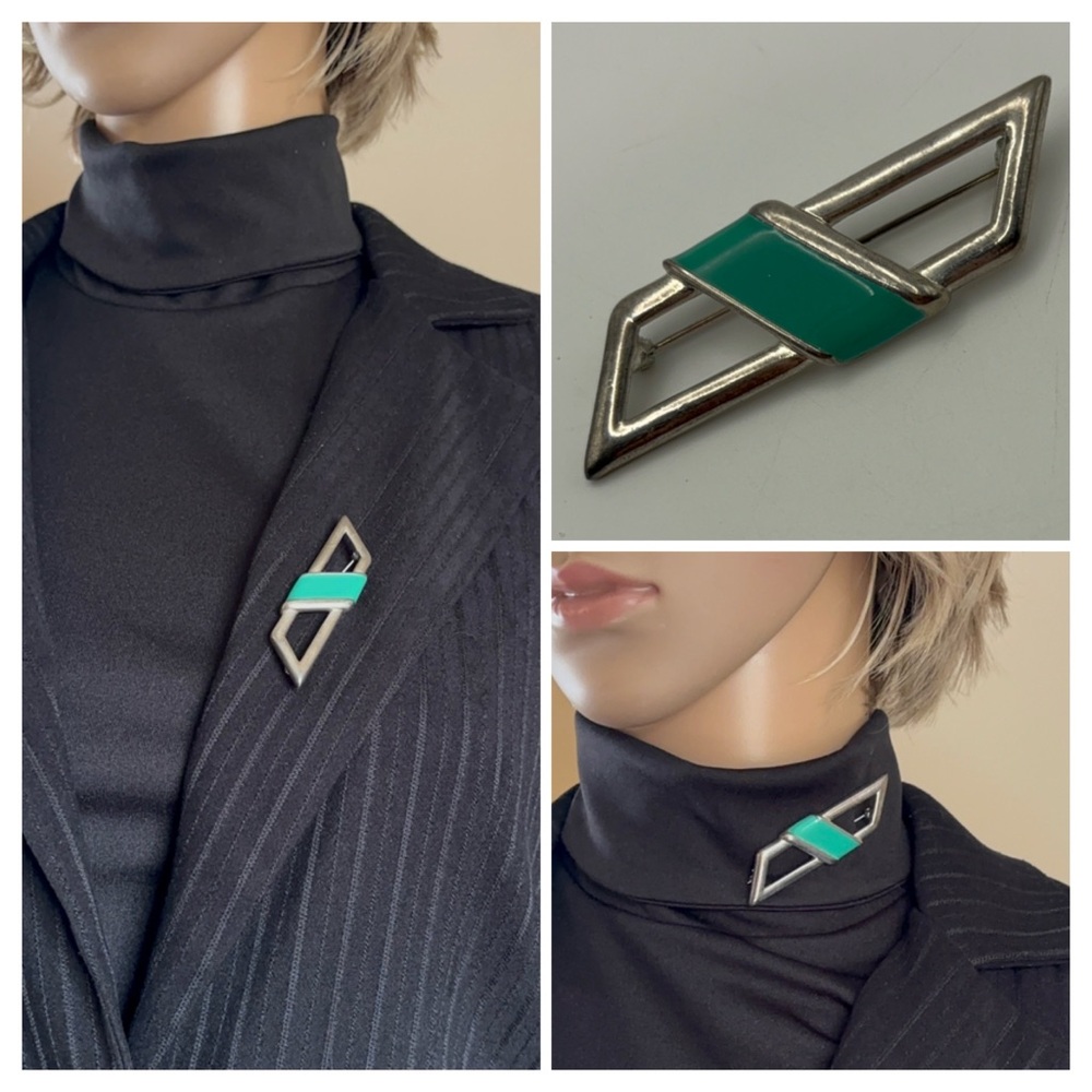 Vintage 80s Geometric Enamel Bar Brooch - Teal & Silver
